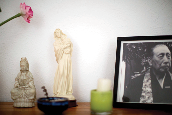 A statue of Kannon [the bodhisattva of compassion] and the Virgin Mary sit next to a photo of Ruben Habito’s teacher, Yamada Koun Roshi, on the altar of the dokusan room at the Maria Kannon Zen Center in Dallas, Texas.