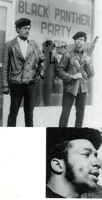 (Top) Black Panther national chairman Bobby Seale, left, and Huey Newton, defense minister, stand guard at a party office in California, date unknown. (Bottom) Fred Hampton, chairman of the Illinois Black Panther party, speaks at a rally in October of 1969, several weeks before his death. AP/Wide World Photos.