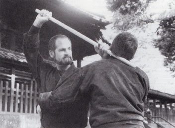 Stephen Hayes performing Hanbo-jutsu (short cane protection method), Atago shrine, Noda-shi, Japan, 1985. (Courtesy Stephen Hayes)