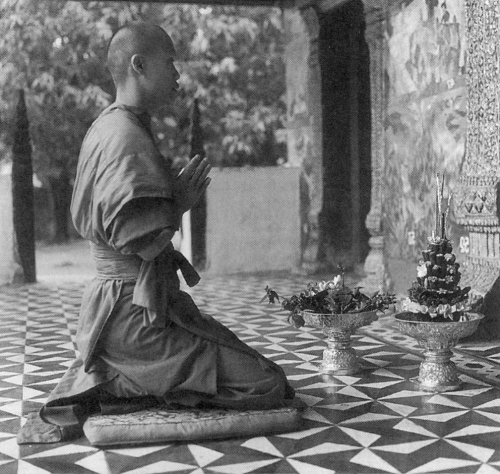  Dressed in ocher-brown robes dyed with annatto seeds, a monk kneels before the statue of the Enlightened One with his early morning offerings. 