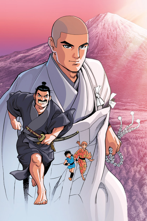 Courtesy Middleway Press. The front cover of Nichiren, featuring Nichiren; Shijo Kingo, a samurai and follower of Nichiren; and two fictional characters, Taki and Kuma-O.