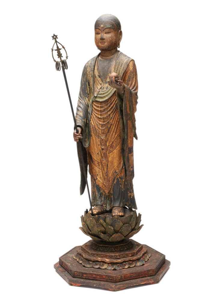 Standing Jizo Bosatsu by Kaikei. Kamakura period, c. 1202. Lacquered Japanese cypress, color, gold, and kirikane, inlaid with crystal. 22 7/8 x 6 3/4 x 6 3/4 in. The Metropolitan Museum of Art: Mary Griggs Burke Collection, gift of the Mary and Jackson Burke Foundation, 2015.