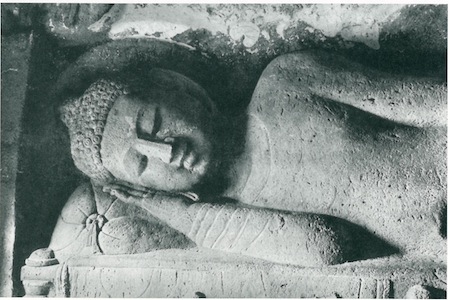 The death of the Buddha, sixth century rock carving from Ajanta, India.