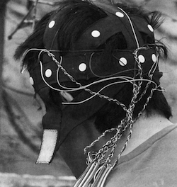 For ten thousand dollars a month, followers of Aum Shinrikyo could rent Perfect Salvation Initiation headgear, designed to synchronize their brainwaves with those of the guru. Courtesy Kyodo News International.