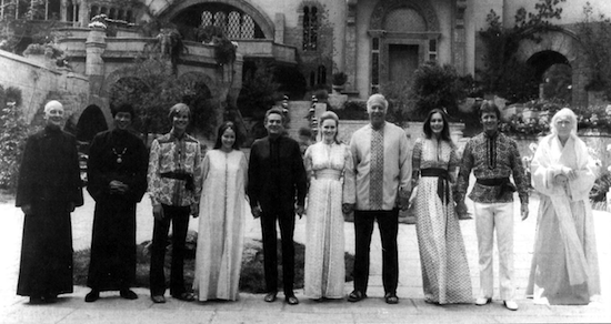 Shangri-la, 1973: An all-star cast lined up before the monastery in a publicity shot from the musical remake of Lost Horizon, an endeavor so ill-fated it was dubbed "Lost Investment". Courtesy Museum of Modern Art Film Stills Archive.