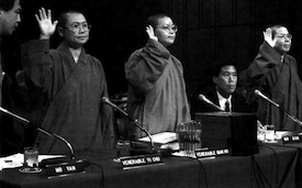 Nuns of the Hsi Lai Temple are sworn in on Capitol Hill on September 4, 1997, prior to testifying before the Senate Governmental Affairs Committee.
