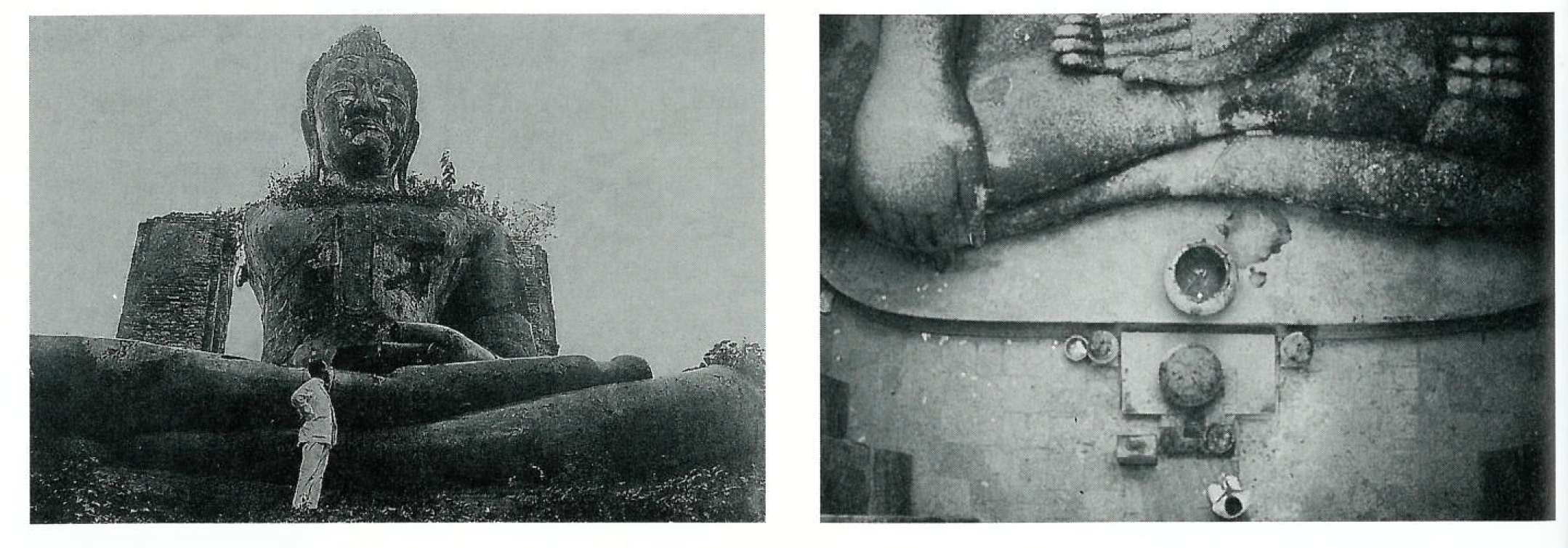 (left) Large Buddha (Little Man), photographer, date, and location unknown. (right) Man Kneeling in Front of Large Seated Buddha, Nancy Shanahan, photographer, 1986. Sukhothai, Thailand.