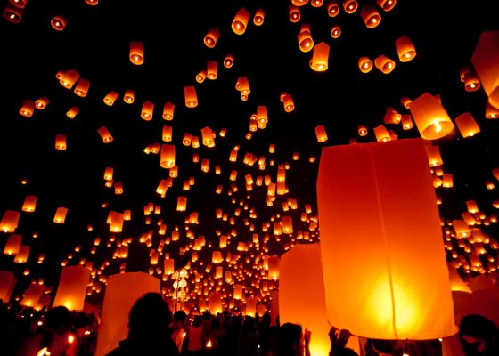 Some of the estimated 10,000 floating lanterns released during the annual Yee Peng Festival at the Lanna Dhutanka Buddhist Center near Chiang Mai, Thailand for story on letting go of spiritual experience