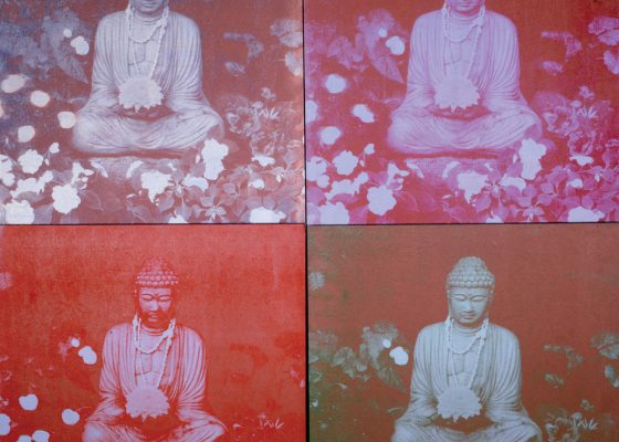 pop-art style photos of a buddha statue, meditation creative imagination