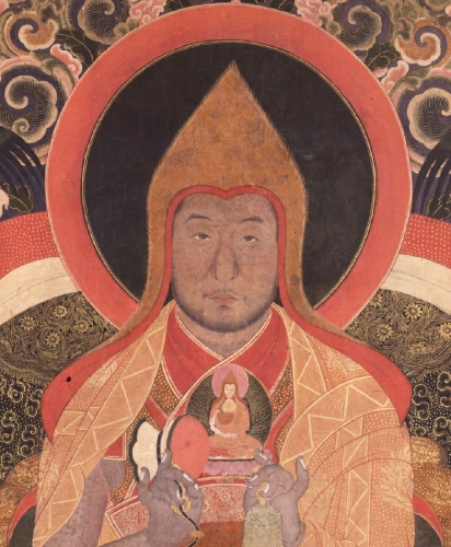 Demo Rinpoche. China, 1600–1699. Gelug and Buddhist lineages. 251.46x157.48cm. Ground mineral pigment, fine gold line on cotton. Collection of Rubin Museum of Art.