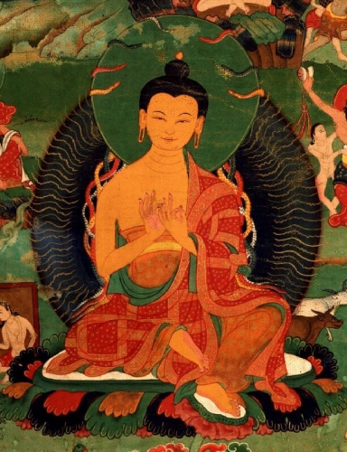 Nagarjuna. Tibet, 1700–1799. Gelug lineage. 71.12x45.72cm. Ground mineral pigment on cotton. Collection of Rubin Museum of Art.