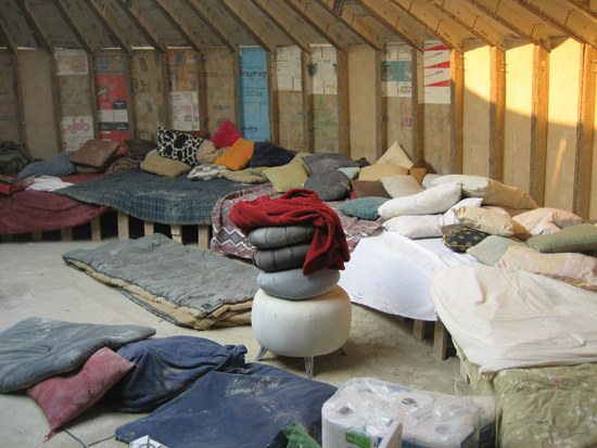  (L-R): Inside and outside of the Zendo Project, where the author volunteered at Burning Man 2013. Courtesy of the author.