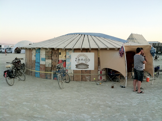  (L-R): Inside and outside of the Zendo Project, where the author volunteered at Burning Man 2013. Courtesy of the author.