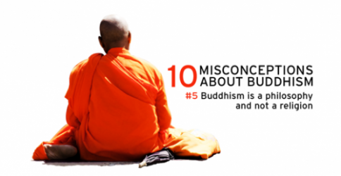 monk in orange robes, text reading 10 Misconceptions About Buddhism, buddhism philosophy religion