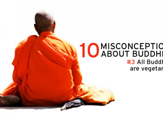 monk in orange robes, text reading 10 misconceptions about buddhism, buddhists vegetarians