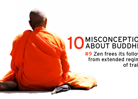 monk in orange robes, text reading 10 misconceptions about buddhism, zen sudden enlightenment