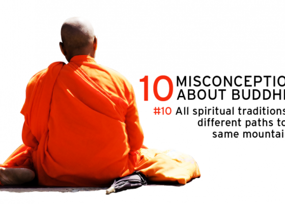 monk in orange robes, text reading 10 misconceptions about buddhism, buddhist view other religions