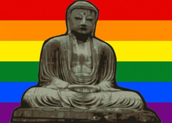 Photo of a Buddha and a rainbow flag in the background, Buddhist same-sex marriage