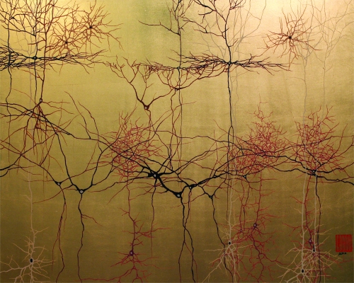 "Gold Cortex," enamel on composition gold leaf, 18" x 24". Greg Dunn, 2010.