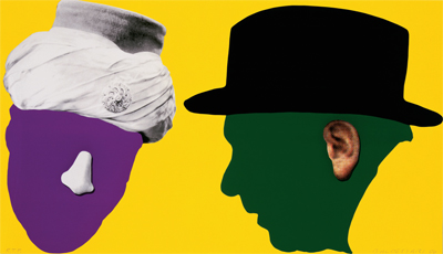  John Baldessari, Noses & Ears Etc.: The Gemini Series: Two Profiles, One with Nose and Turban; One with Ear (Color) and Hat, 2006, screen printing ink on paper mounted on sintra with hand painting, 30 x 52 x 3 inches; Courtesy of Gemini G.E.L.