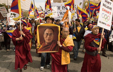 A protest in support of Tibetan rights held in San Francisco on the eve of the 2008 Beijing Olympics.