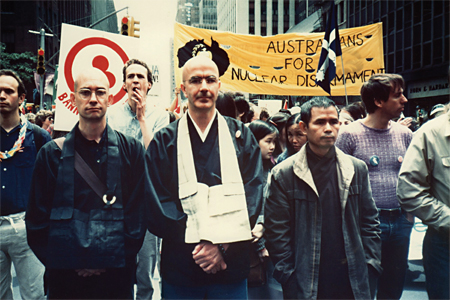 Image 2: (left to right) Lewis Richmond, Richard Baker Roshi, and Thich Nhat Hanh march for nuclear disarmament in 1982. Photograph courtesy of San Francisco Zen Center Photo Archives.