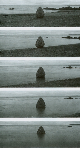 Cairn built on sand between tides several collapses and out of time returned the following day one more collapse before I succeeded cairn survived several tides 5 February 1999 —Andy Goldsworthy Courtesy of the Artist and Galerie Lelong, New York.