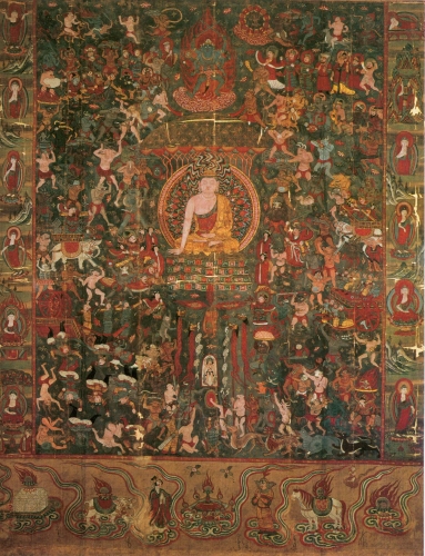 The armies of Mara confront the Buddha. "The Assault of Mara," painting on silk, early tenth century C.E., Dunhuang, China. © Reunion des Musees Nationaux / Art Resource, NY.