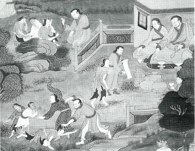  Following the death of his father, Milarepa and his mother are treated as slaves. In the scene depicted above they are beaten mercilessly as Milarepa's aunt and uncle look on. Copyright Brian Beresford/Nomad