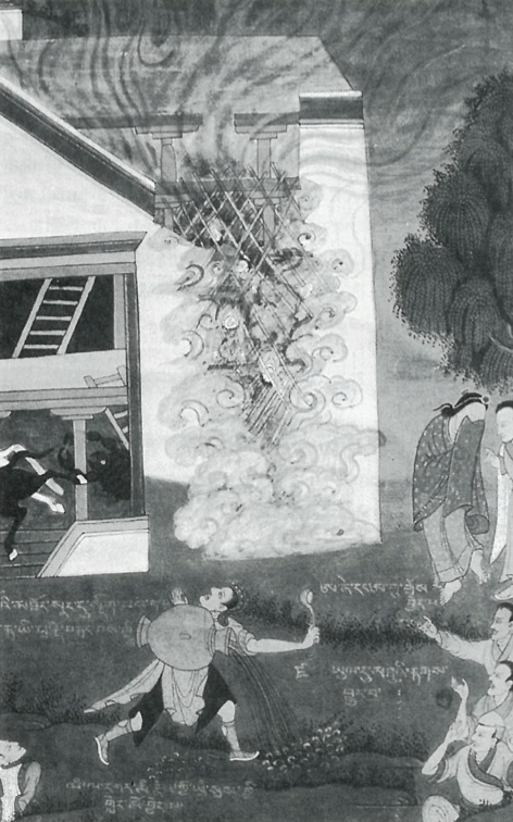 In order to avenge his family, Milarepa learns the art of black magic. Here we see his powers at work in the destruction of his cousin's wedding feast. Milarepa describes the scene: "The courtyard of the house was filled with a writhing mass of snakes, lizards, spiders, and frogs. The horses tethered in the stables went wild with panic. Rearing up they kicked down the stable walls, causing the whole building to collapse." Copyright Brian Beresford/Nomad