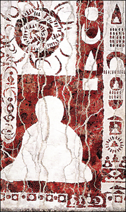  Fissuring - Genesis -  Great Power, No. 3; 1996; ink, red seals, and layered paper on canvas; 242 x 150 cm