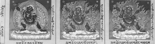From Deities of Tibetan Buddhism: Three Images of the wrathful deity Vajrapani. These are initiation cards used to introduce practitioners to the pantheon of deities in the Tibetan Buddhist tradition.