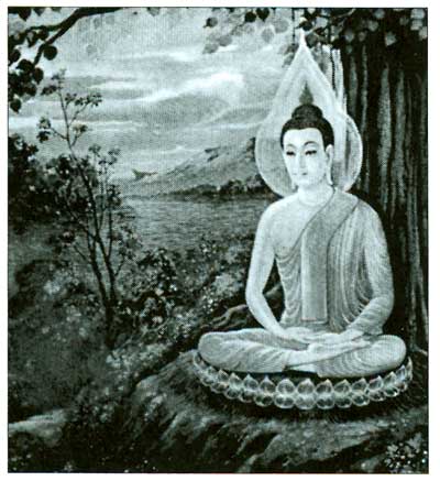 A modern Thai representation of Buddha Shakyamurti's enlightenment under the Bo tree.