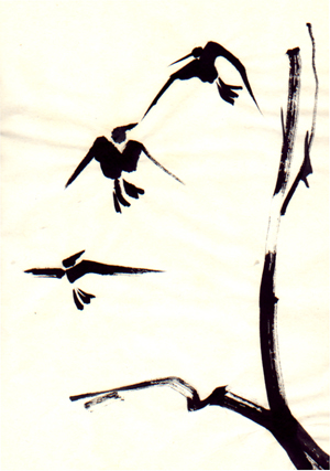 Three Birds, Seiko Susan Morningstar, 2004, ink on rice paper, 9 × 12 inches 