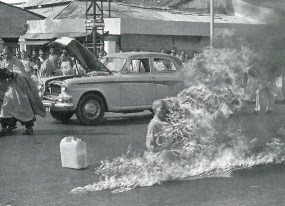 AP/Wide World Photos. Quang Duc, a Buddhist monk, burns himself to death on a Saigon street, June 11, 1963, to protest the alleged persecution of Buddhists by the South Vietnamese government.