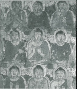 Buddhas in the inner shrine of one of the caves at Ajanta, courtesy of University of California Press. 