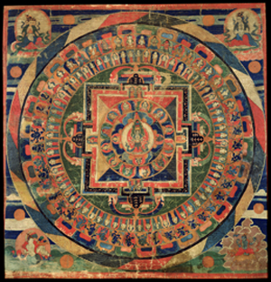 Mandala of Avalokiteshvara, Tibet 1500-1599, ground mineral pigment on cotton, 26 × 24.75 inches; courtesy of the collection of the Rubin Museum of Art.