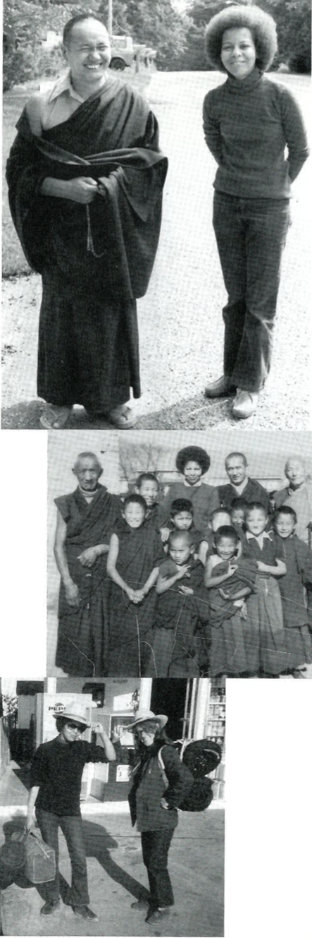 (Top) Jan Willis with her teacher, Lama Yeshe, in Madsion Wisconsin, 1974; (Middle) Jan Willis with monks at Gelug Monastery in Nepal, 1980; (Bottom) Jan Willis and her friend Rand en route to California, 1969. Courtesy Jan Willis.