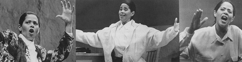 From the opening performance of Anna Deavere Smith's one-woman show Twilight: Los Angeles, 1992, in which she recreates the characters involved in the 1992 L.A. riots. From left, Smith as Angela King, the aunt of Rodney King; Reginald Denny, the truck driver beaten during the riots; and Young-Soon Han, whose liquor store was looted and burned. Twilight photos by Jay Thompson.