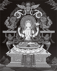 Visualizing Chenrezi. He is not solid, yet he appears with the clarity of the moon's reflection in water. Avalokiteshvara Enthroned, Devendra Man Sinkhwal, 2005 © Robert Beer
