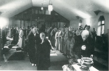 Students of Zen Mountain Monastery offering incense at a memorial service, courtesy of Dharma Communications. 