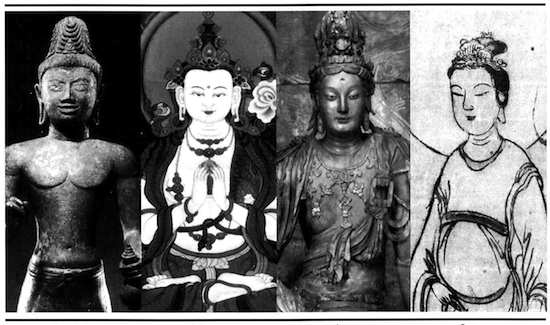 Depicted in order from left to right: Sanskrit Avalokiteshvara, Tibetan Chenrezi, Chinese Kuan Yin, and Japanese Kannon. Kuan Yin courtesy of the Nelson-Atkins Museum of Art. 