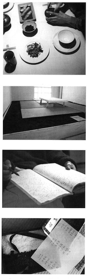 Image 2: The dining process itself. Courtesy Lee Mingwei. Image 3: Dining space in the artist's studio. Courtesy Lee Mingwei. Image 4: Journal given to participants. Courtesy Lee Mingwei. Image 5: Wooden box, containing a layer of black beans and rice, menu on vellum, and journal, given to participants at end of process. Courtesy Lee Mingwei. 