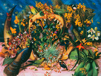 Collection, Isabella Kirkland, 2001, oil paint and alkyd on canvas, 36 × 48 inches, features animals treated as decorative objects to admire in private, to exhibit, or to study in depth. © Isabella Kirkland, courtesy of Feature Inc., New York City