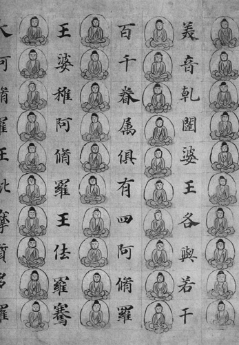 Lines of the Lotus Sutra alternating with images of the Buddha, twelfth century, Japanese, Zentsuji, reprinted from Paintings of the Lotus Sutra (Weatherhill).
