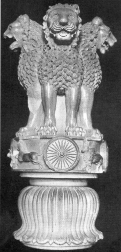 At Sarnath, between two and three hundred years after Shakyamuni Buddha first turned the Wheel of Dharma, the Emperor Ashoka erected a pillar. The four lions at its crown, representing the "lion's roar of the dharma" (shakyasimha) in the cardinal directions, were adopted by modern India as the national coat of arms. At the lions' base in the Wheel of Dharma, reproduced at the center of the Indian flag. Image courtesy of Archeological Survey of India.