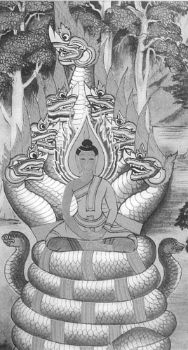 The serpent-king Mucalinda protecting the Buddha. Thai painting circa 1831. Image courtesy Wat Dusitaram, Thonburi, Thailand