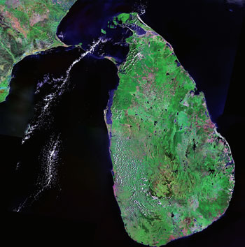 Satellite image of Sri Lanka and the Palk Strait, Image by Angela King of geology.com using landsat data provided by NASA, Courtesy of geology.com