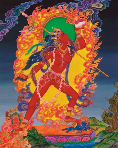 Narodakini, a form of Vajrayogini, has attained perfection through yoga and appears in dynamic poses that display her vibrant spirit. Her long, free flowing hair marks the realm of Tantric practice, which flourishes beyond the bounds of social convention. Narodakini, Amrit Karmacharya, 1990S, pigment and gold on cloth, 16.4 x 13.25 inches