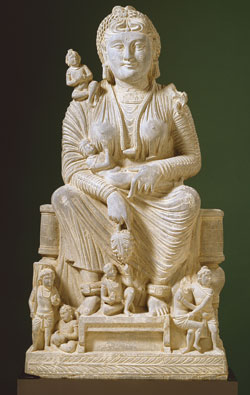 Hariti, a mother of five hundred, extends her love for her own children to all humankind. Hariti statue from Gandharan Region (Pakistan), third century C.E., schist, height 35.8 inches; courtesy of Mr. and Mrs. Willard G. Clark.